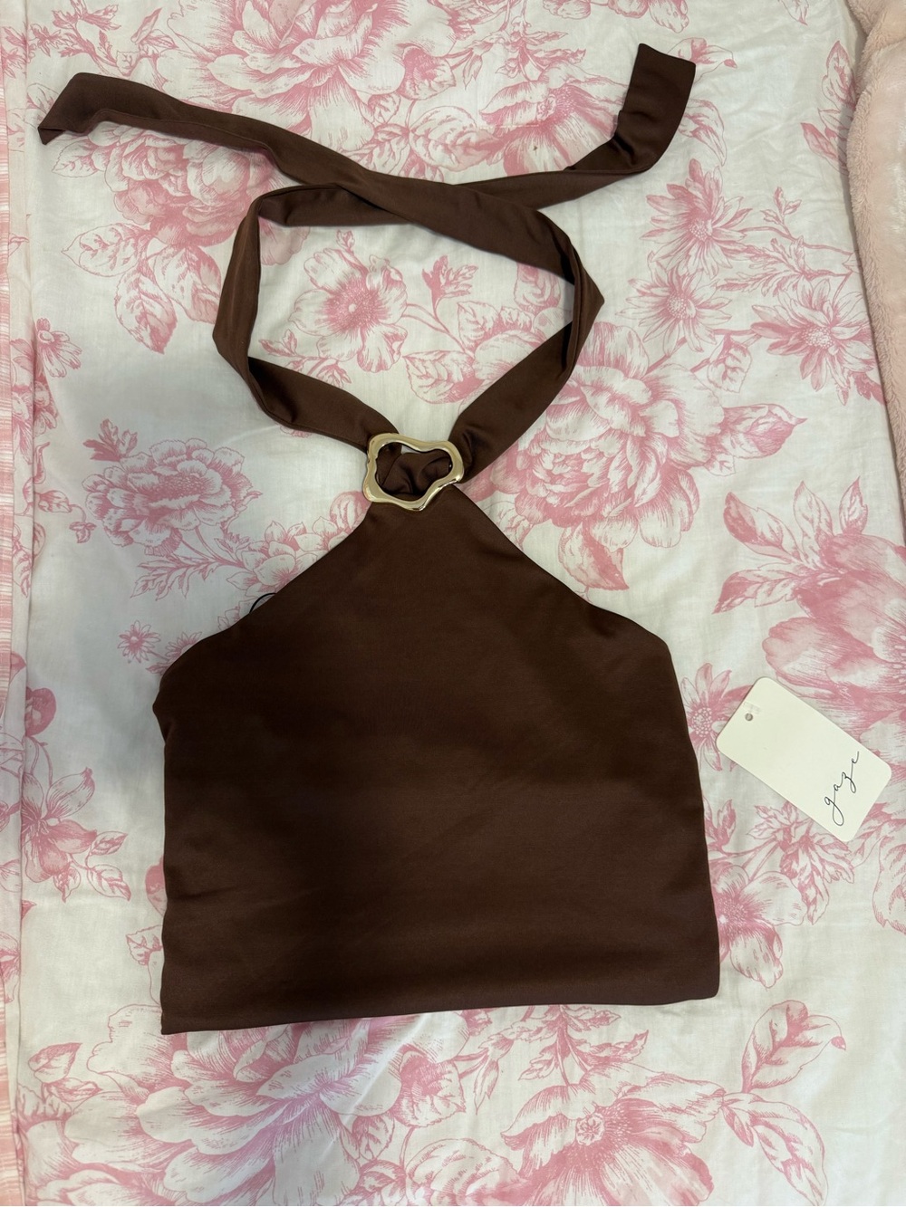 Brown Halter Crop Top with Gold Ring